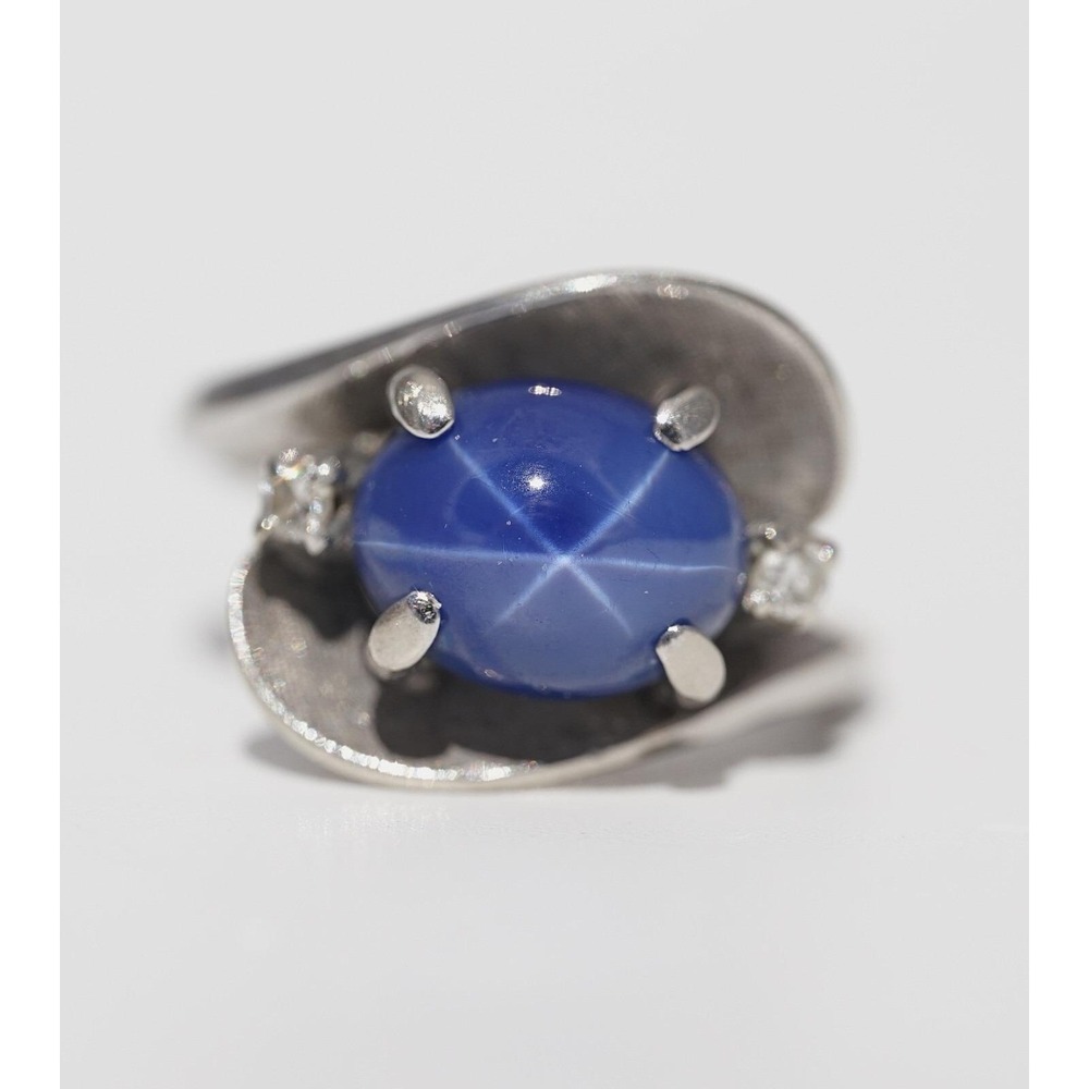 Vintage 14k Solid White Gold Blue Star Sapphire & Diamond Ring - Round - Picture 5 of 9